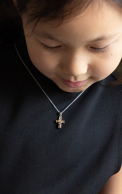 Kid's Cross Necklace Mini Swarovski Crystal Cross Necklace in Smokey Topaz | Annie and Sisters