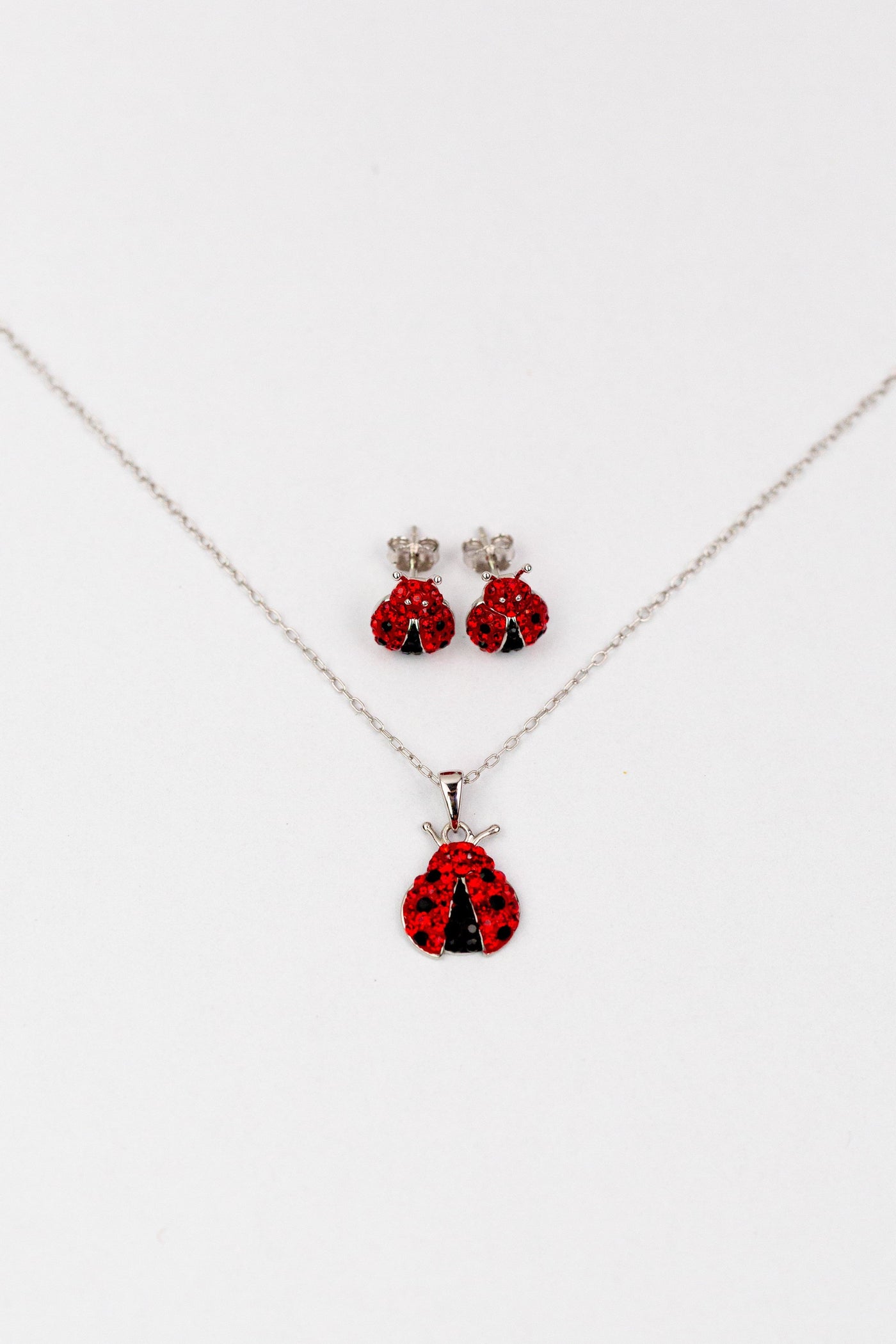 Ladybug Pave Crystal Silver Stud Earrings/Necklace Set | Annie and Sisters | sister stud earrings, for kids, children's jewelry, kid's jewelry, best friend