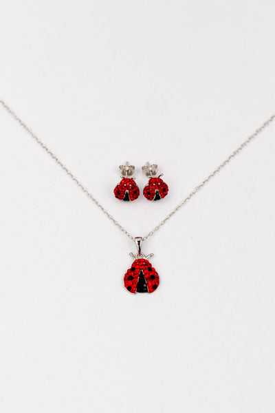 Ladybug Pave Crystal Silver Stud Earrings/Necklace Set | Annie and Sisters | sister stud earrings, for kids, children's jewelry, kid's jewelry, best friend