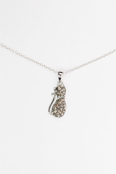 Gray Cat Necklace Crystal Cat Silver Pendant Necklace in Black Diamond Crystal | Annie and Sisters