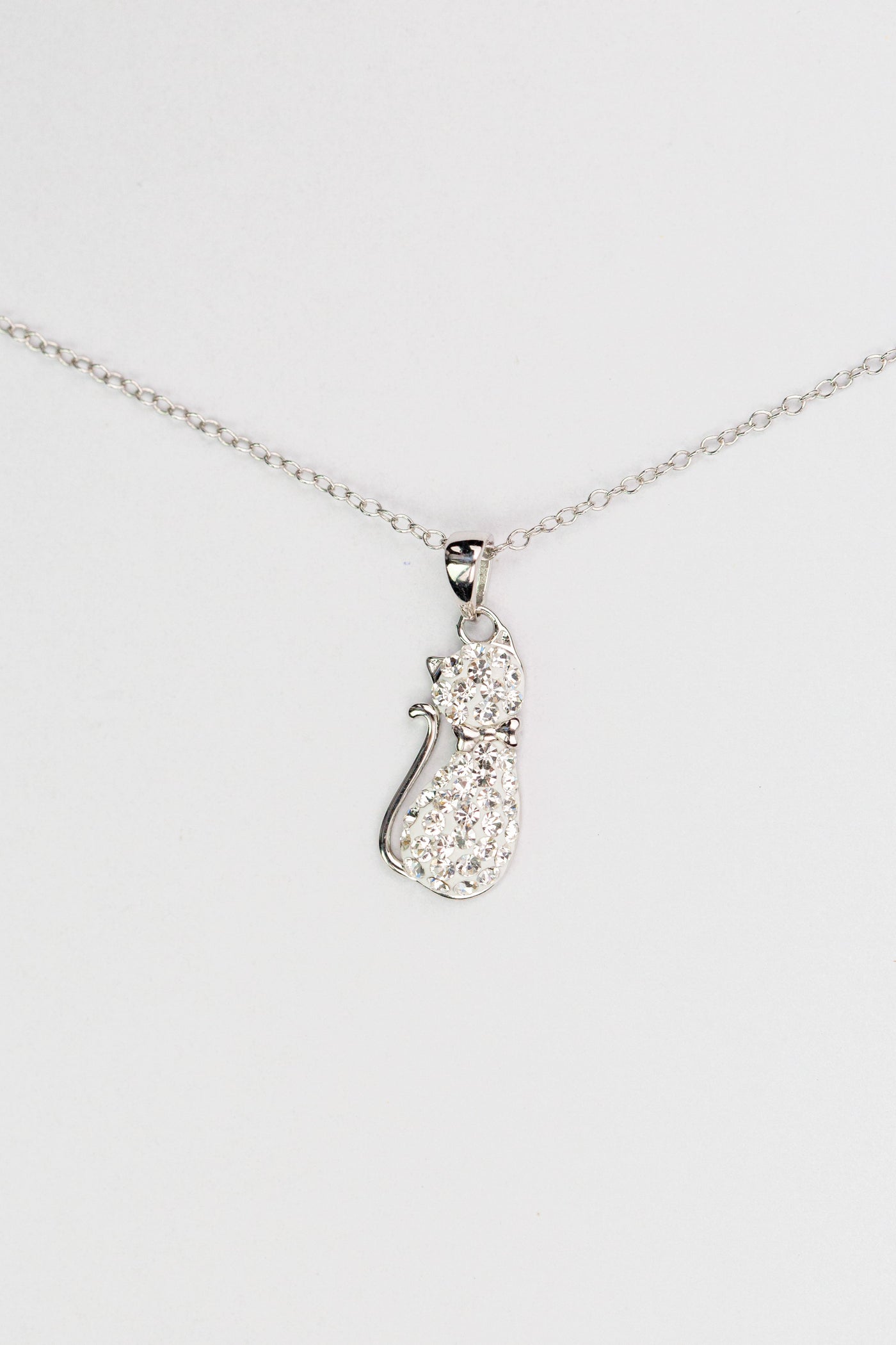 White Cat Necklace Crystal Cat Silver Pendant Necklace in Clear Crystal | Annie and Sisters
