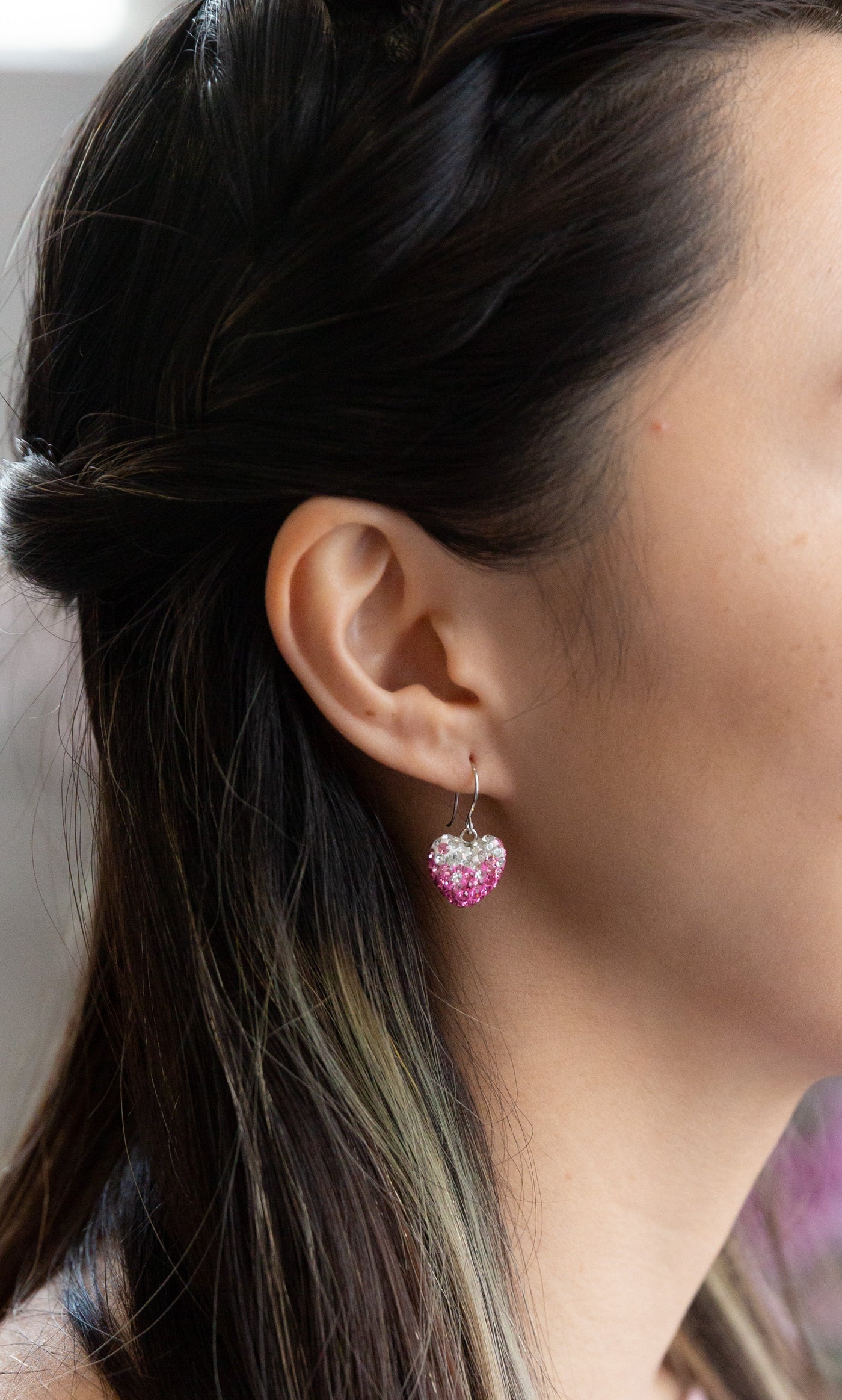 Crystal Pave Ombre Heart Dangling Silver Earring in Rose Pink | Annie and Sisters