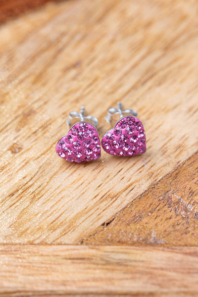 Heart Pave Crystal Silver Stud Earrings in Rose Pink | Annie and Sisters | sister stud earrings, for kids, children's jewelry, kid's jewelry, best friend