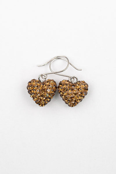 Mini All Over Crystal Pave Heart Silver Earrings in Smokey Topaz | Annie and Sisters