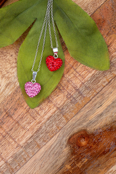 Crystal Pave Heart Sterling Silver Necklace in Rose Pink and Light Siam Red | Annie and Sisters