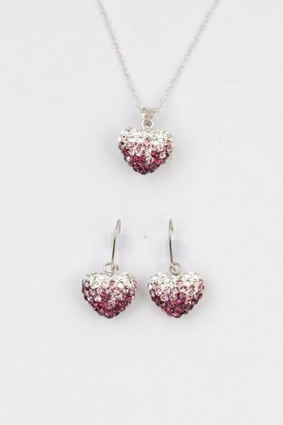 Crystal Pave Ombre Heart Dangling Silver Earring and Necklace in Amehyst | Annie and Sisters