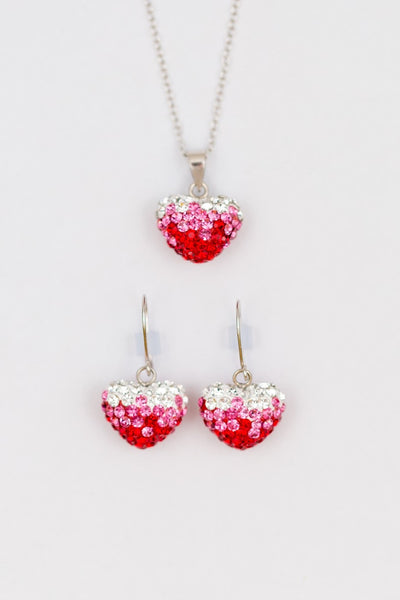 Crystal Pave Ombre Heart Dangling Silver Earring & Necklace  in Ombre Red Crystals | Annie and Sisters
