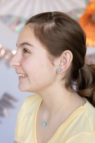 8mm Disco Ball Stud Earrings in Aquamarine | Annie and Sisters | sister stud earrings, for kids, children's jewelry, kid's jewelry, best friend