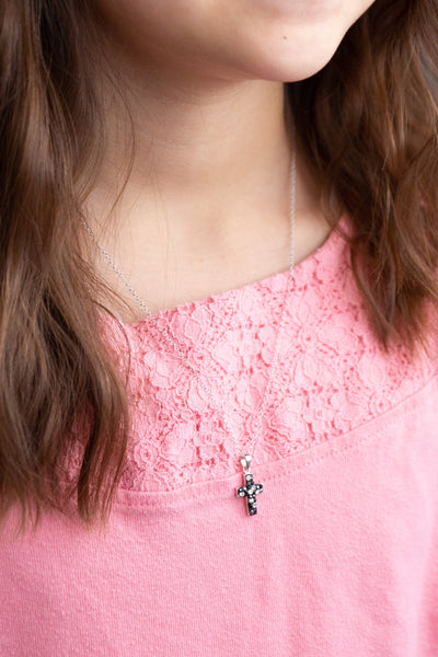 Kid's Cross Necklace Mini Swarovski Crystal Cross Necklace in Jet Black | Annie and Sisters