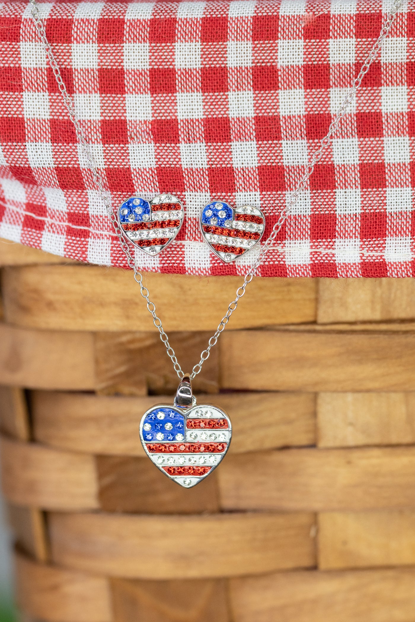 American Flag Heart Crystal Sterling Silver Necklace and Earrings Matching Set