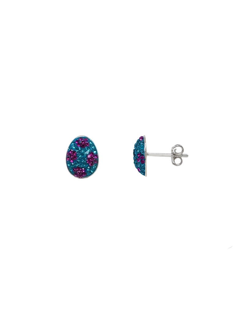 Easter Egg Crystal Sterling Silver Stud Earrings in Blue W Fuschia | Annie and Sisters
