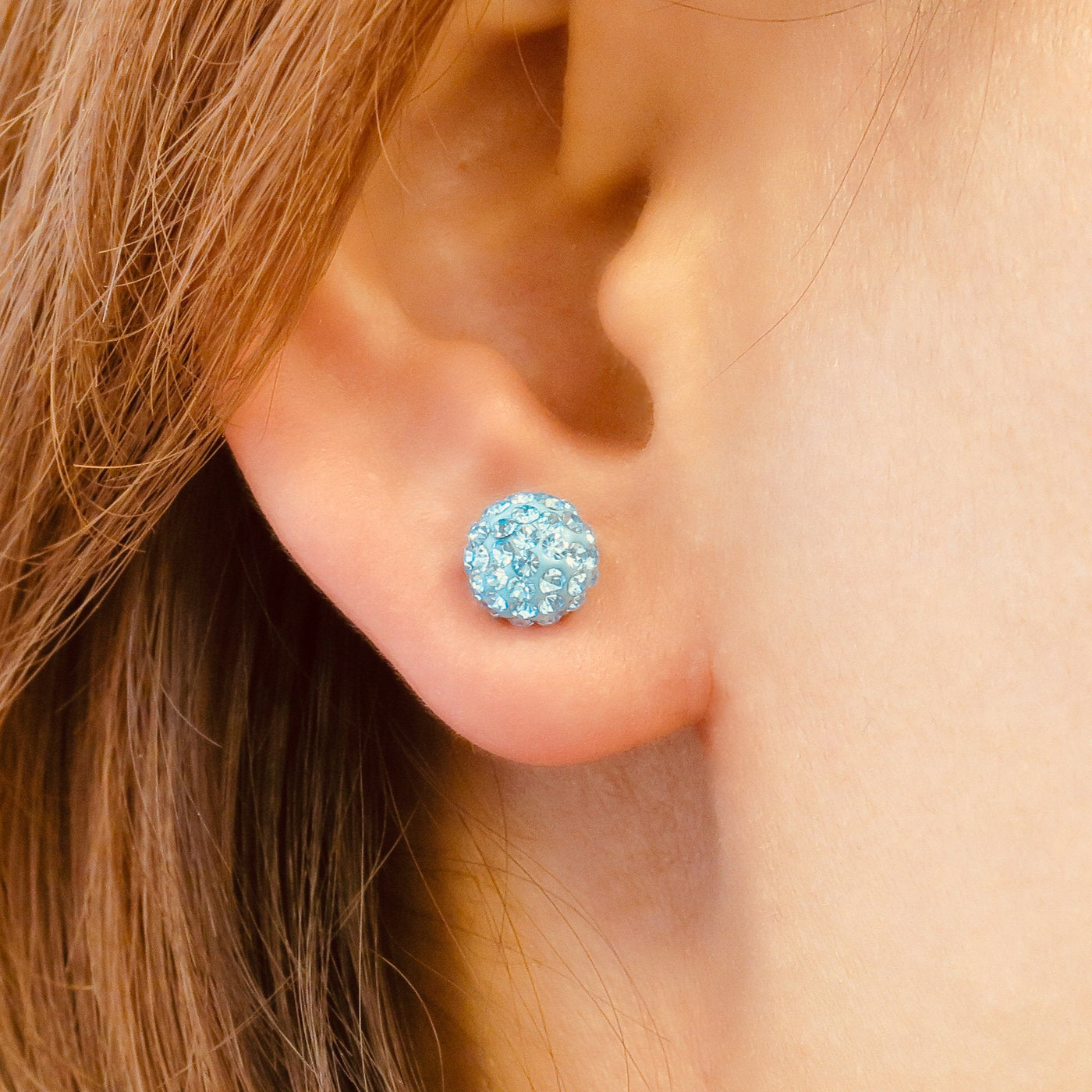 8mm Disco Ball Stud Earrings in Aquamarine | Annie and Sisters | sister stud earrings, for kids, children's jewelry, kid's jewelry, best friend
