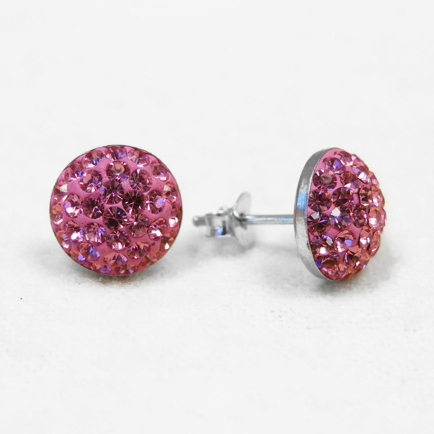 10mm Round Crystal Sterling Silver Earrings in Rose Pink | Annie and Sisters | sister stud earrings, for kids, children's jewelry, kid's jewelry, best friend