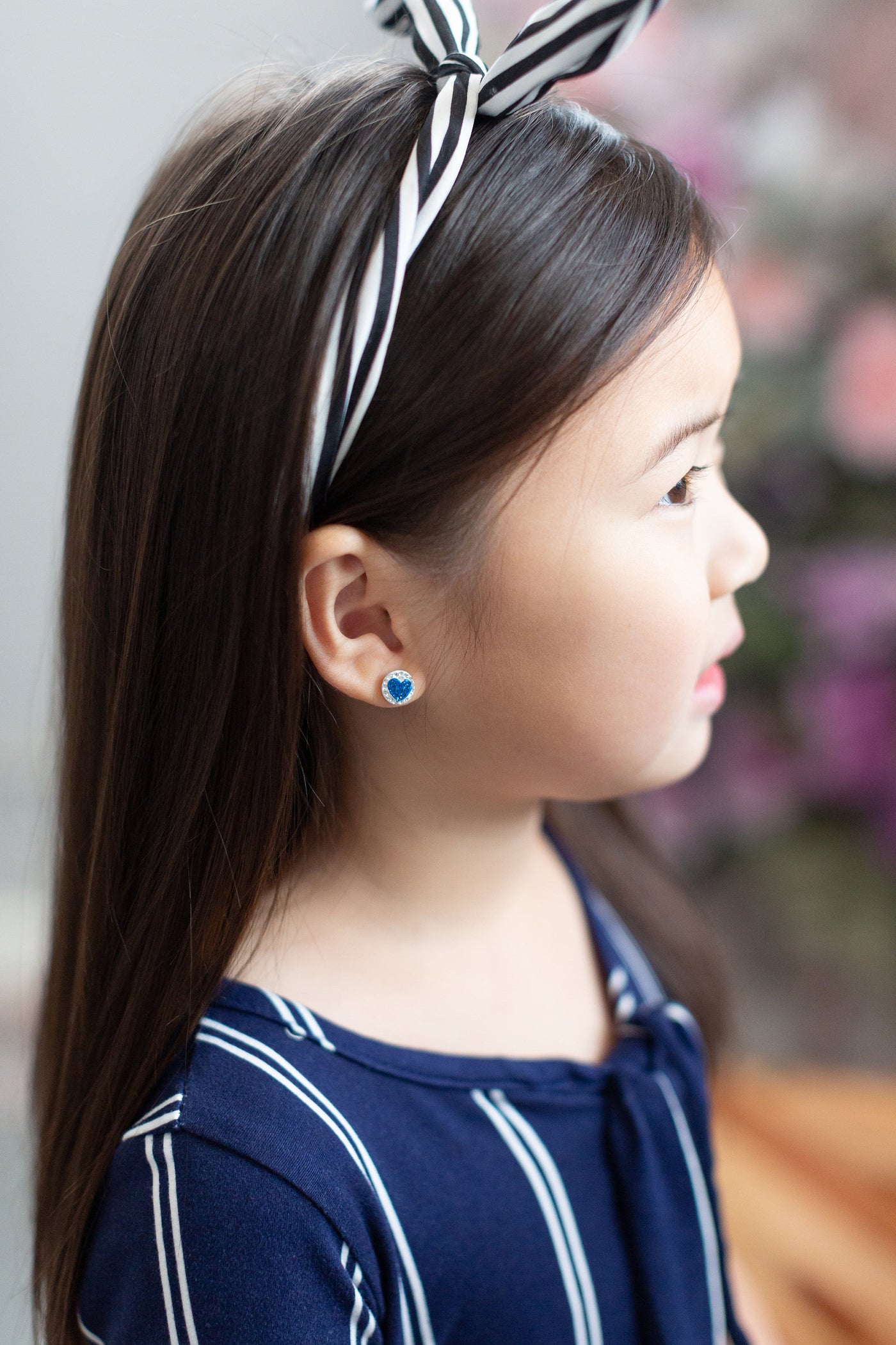 8mm Round Crystal Heart Stud Silver Earrings in Sapphire | Annie and Sisters | sister stud earrings, for kids, children's jewelry, kid's jewelry, best friend