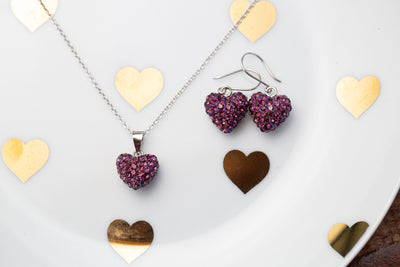 Crystal Pave Heart Sterling Silver Necklace and Earring Set in Amethyst | Annie and Sisters