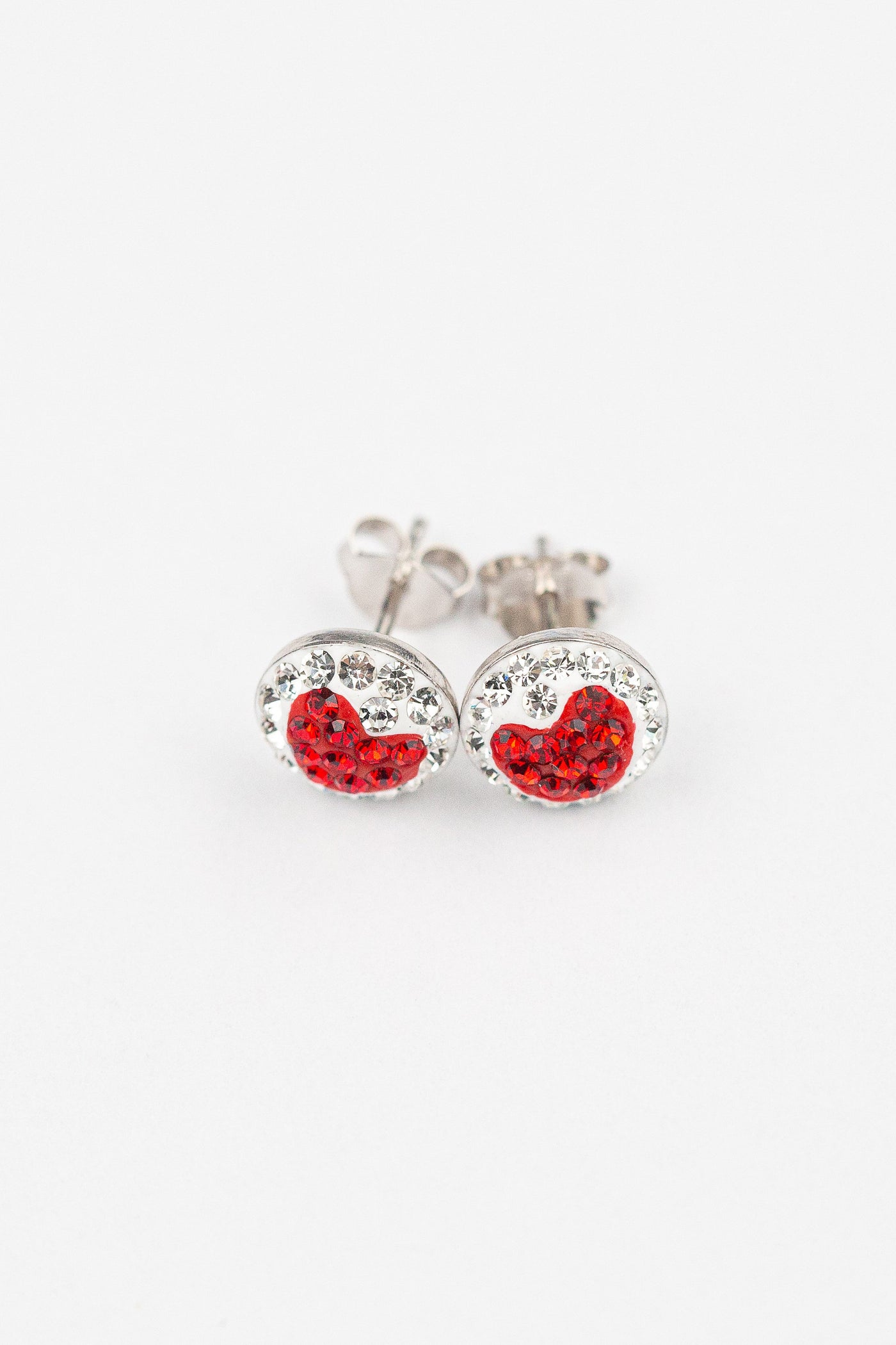8mm Round Crystal Heart Stud Silver Earrings in Red | Annie and Sisters | sister stud earrings, for kids, children's jewelry, kid's jewelry, best friend