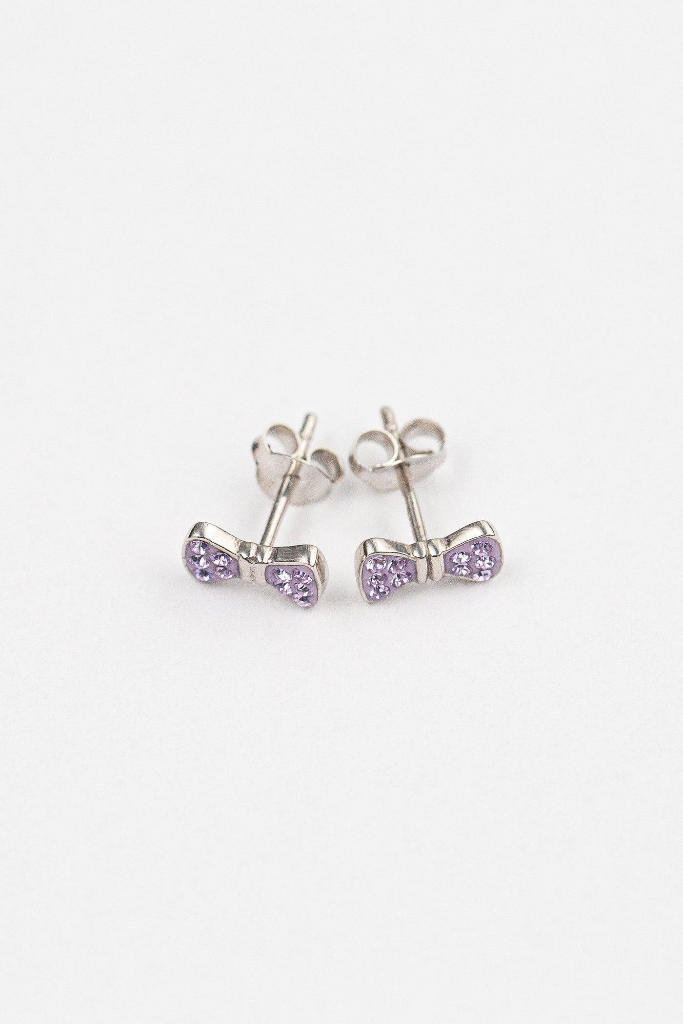 Bow Crystal Silver Stud Earrings in Violet | Annie and Sisters | sister stud earrings, for kids, children's jewelry, kid's jewelry, best friend