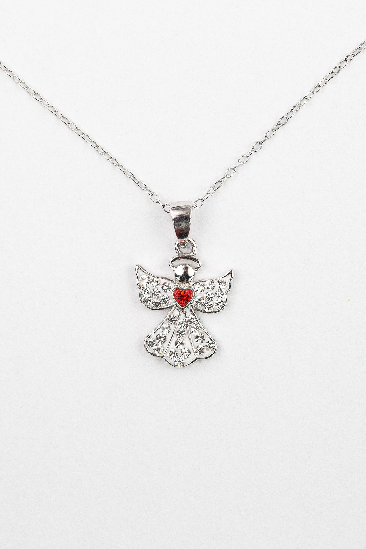 Clear Crystal Angel With Red Heart Silver Necklace | Annie and Sisters
