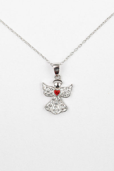 Clear Crystal Angel With Red Heart Silver Necklace | Annie and Sisters