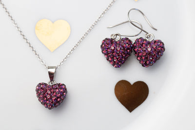 Swarovski Crystal Pave Heart Silver Earrings and Necklace Set in Amethyst | Annie and Sisters