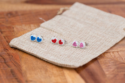 8mm Round Crystal Heart Stud Silver Earrings | Annie and Sisters | sister stud earrings, for kids, children's jewelry, kid's jewelry, best friend