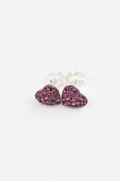 Heart Pave Crystal Silver Stud Earrings in Amethyst | Annie and Sisters | sister stud earrings, for kids, children's jewelry, kid's jewelry, best friend