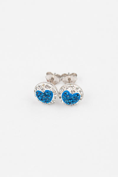 8mm Round Crystal Heart Stud Silver Earrings in Sapphire | Annie and Sisters | sister stud earrings, for kids, children's jewelry, kid's jewelry, best friend