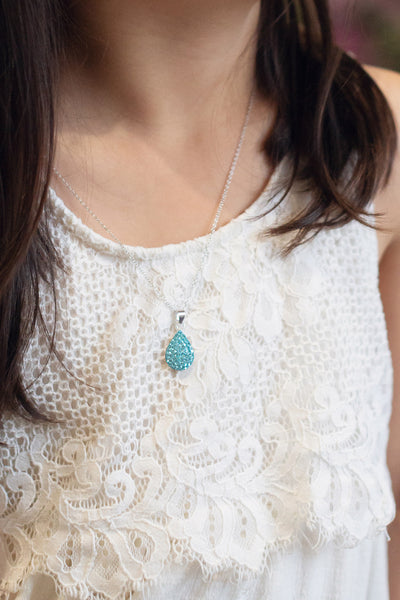 Swarovski Crystal Round Teardrop Silver Necklace in Aquamarine | Annie and Sisters