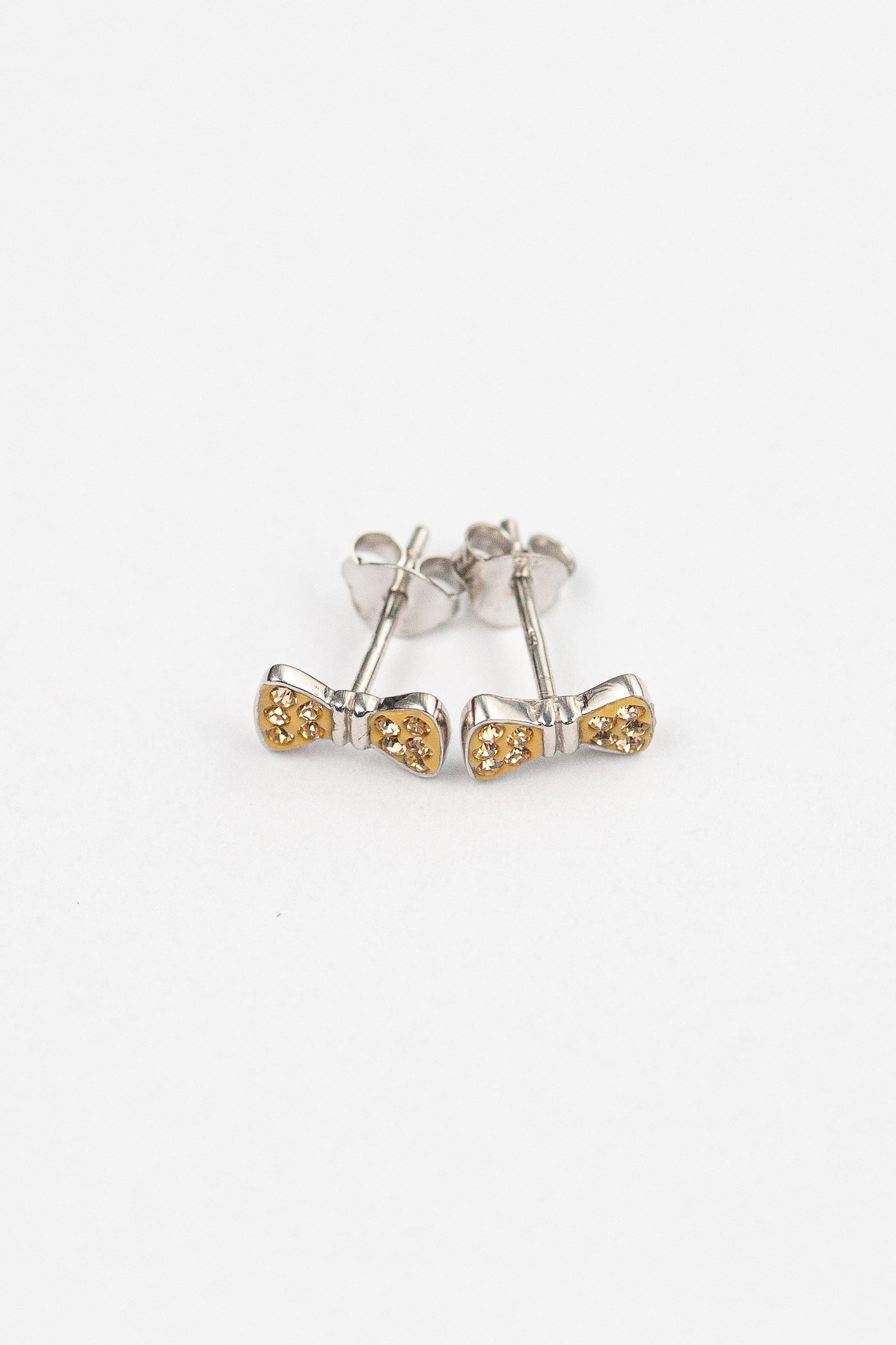 Bow Crystal Silver Stud Earrings in Light Topaz | Annie and Sisters | sister stud earrings, for kids, children's jewelry, kid's jewelry, best friend
