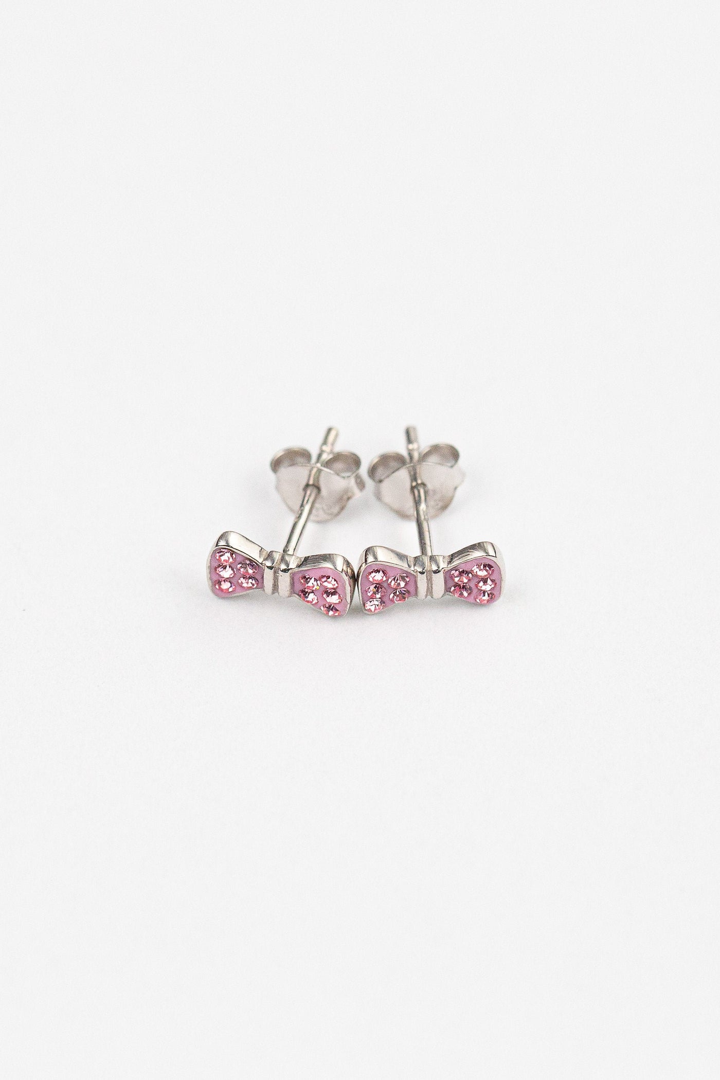 Bow Crystal Silver Stud Earrings in Light Pink | Annie and Sisters | sister stud earrings, for kids, children's jewelry, kid's jewelry, best friend