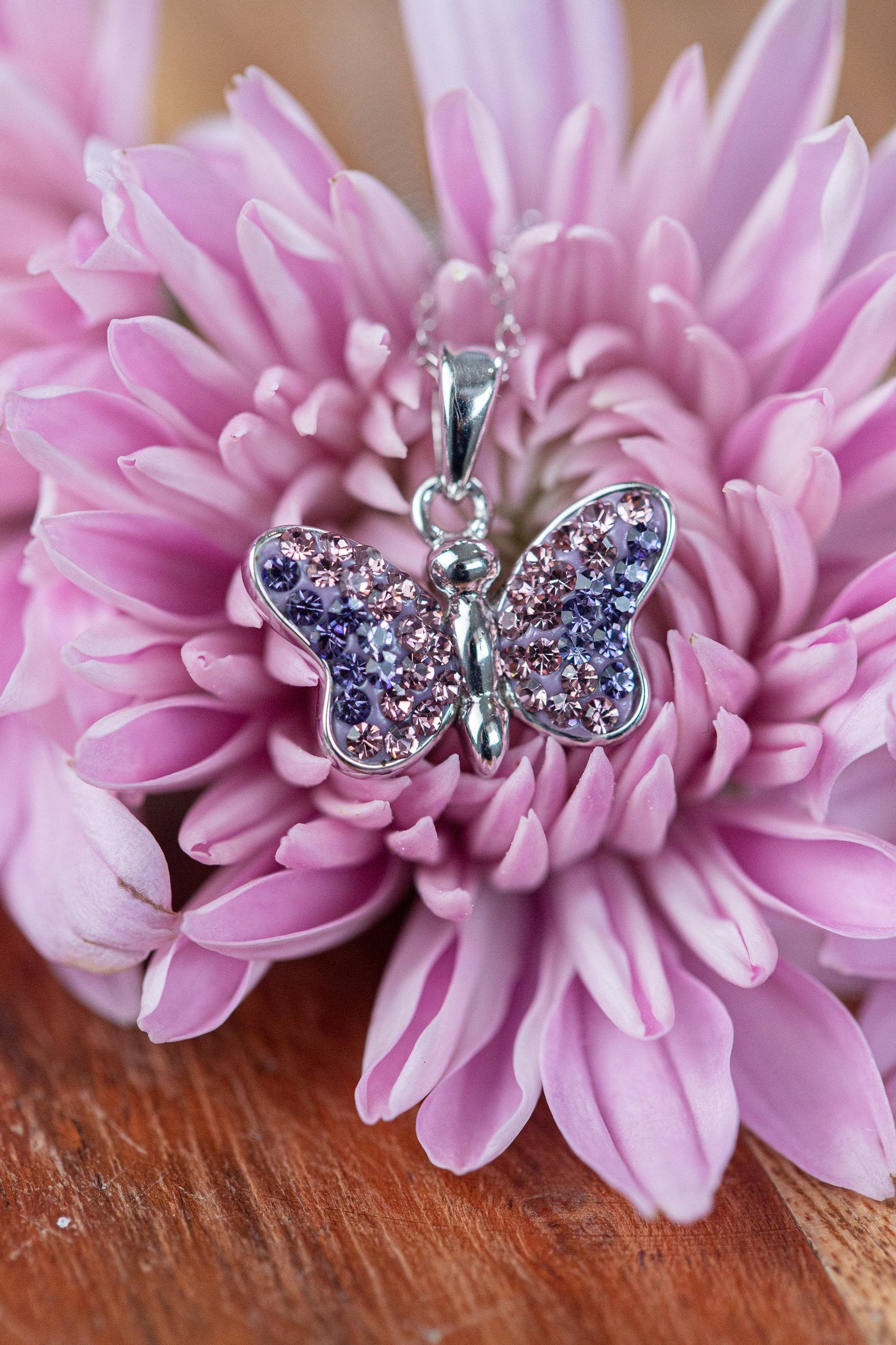 Light Amethyst Crystal Butterfly Silver Necklace | Annie and Sisters