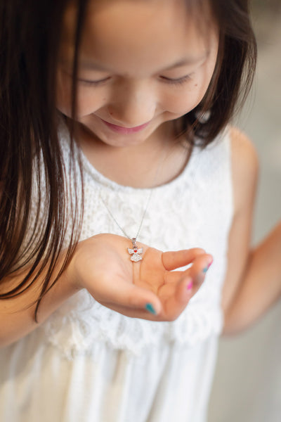 Clear Crystal Angel With Red Heart Silver Necklace | Annie and Sisters