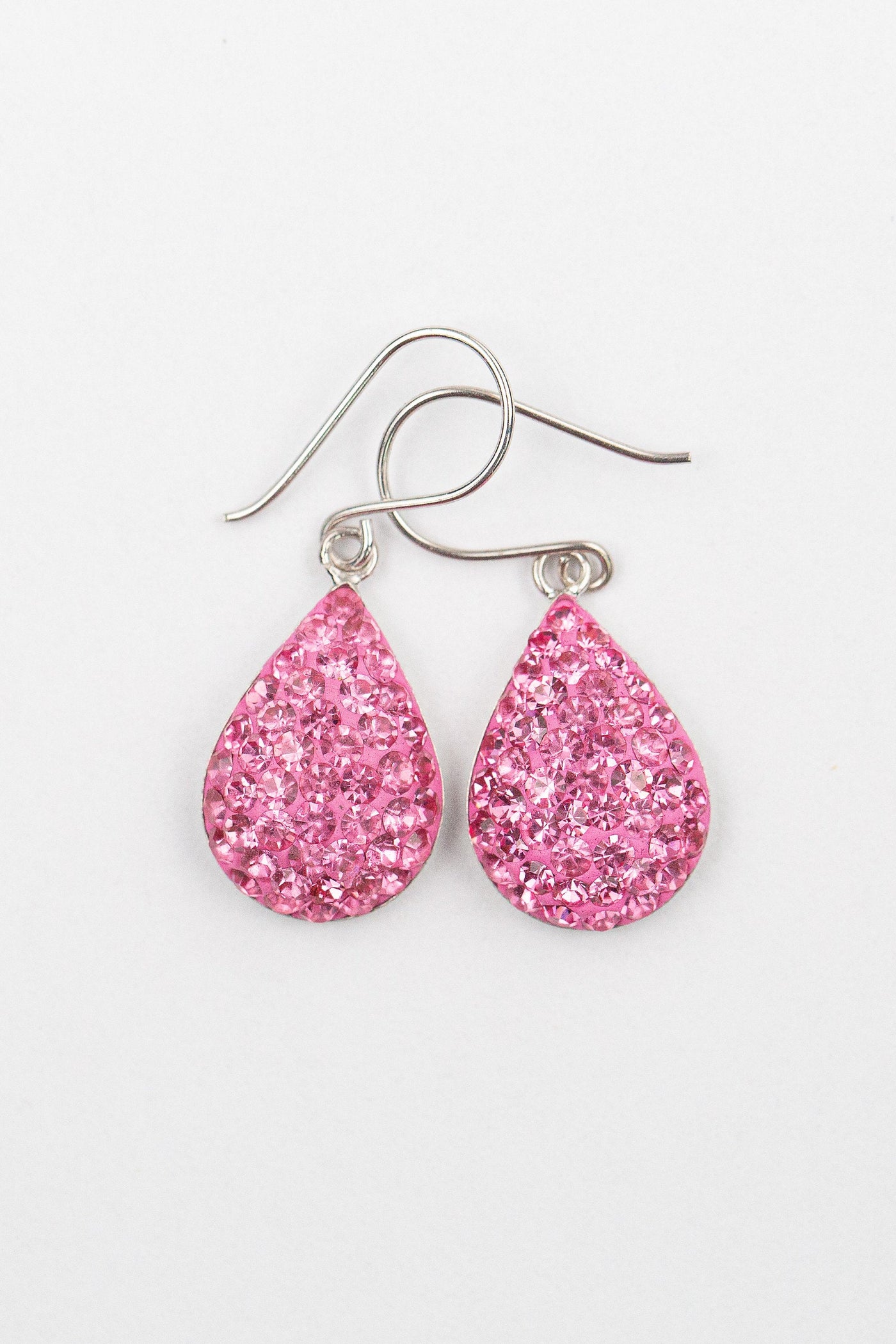 Swarovski Crystal Round Teardrop Silver Earrings in Rose Pink | Annie and Sisters