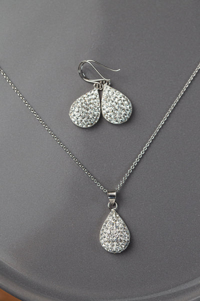 Swarovski Crystal Round Teardrop Silver Earrings and Necklace Set in Clear| Annie and Sisters